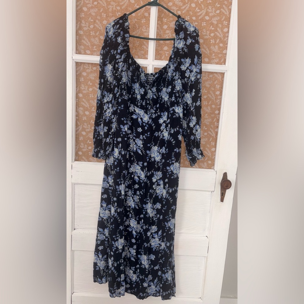 Free People Floral Long Sleeve Dress in Black and Blue